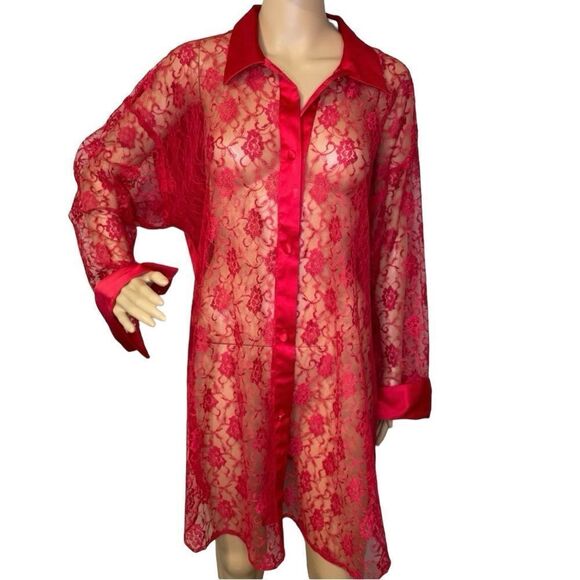 Vintage Victoria’s Secret Gold Label Lace  Front Button Up Sleep Shirt Red Large - Picture 1 of 12